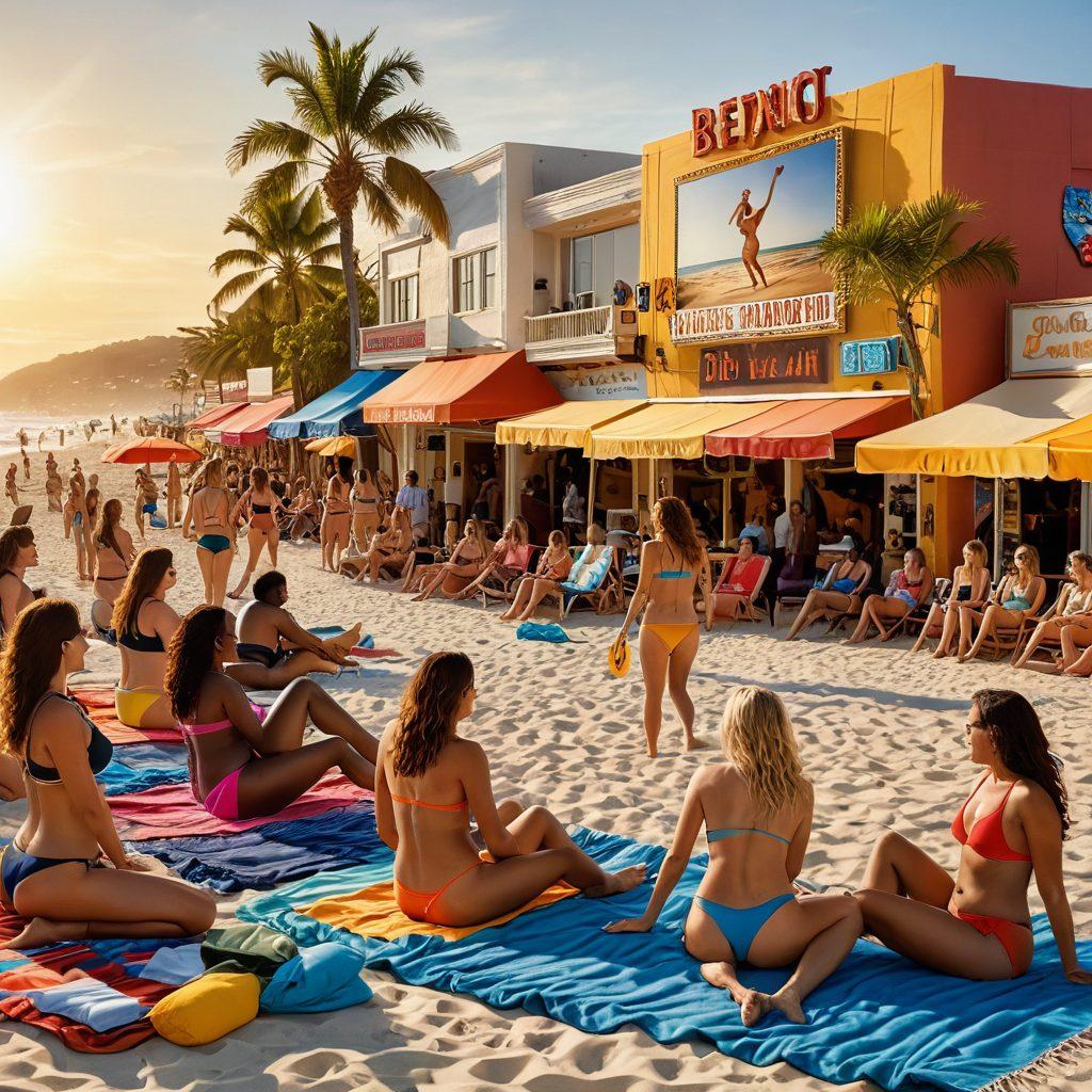 A vibrant beach scene filled with diverse women of different body types wearing colorful bikinis, lounging on towels, playing beach volleyball, and enjoying summer drinks. The backdrop features a classic movie theater marquee showcasing film posters with iconic bikini moments. The sun is setting, casting a golden glow over the scene, enhancing the joyful summer vibe. super-realistic. vibrant colors. 3D.